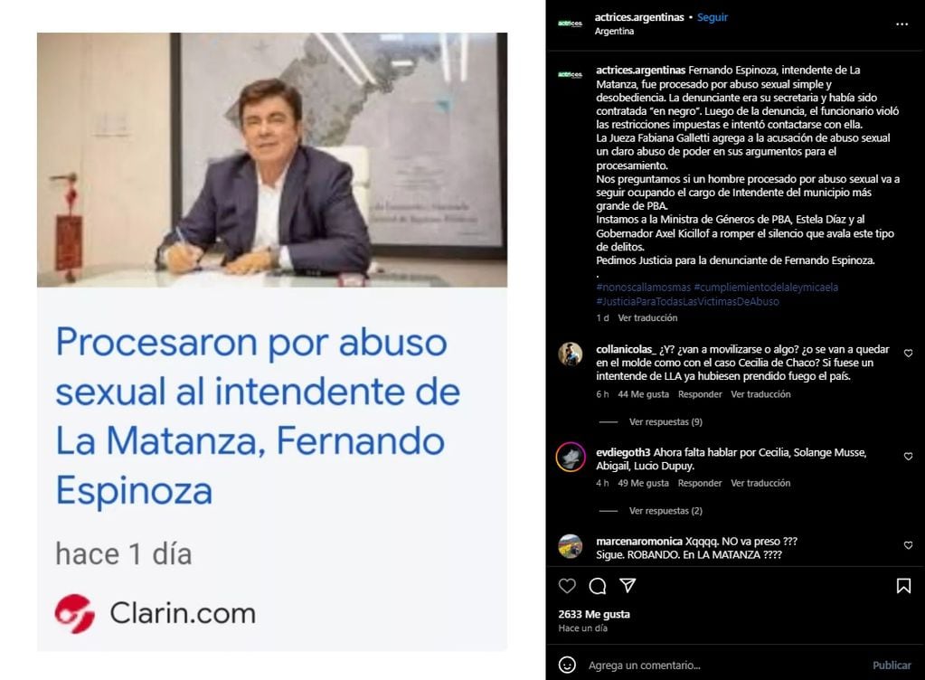 La publicación de Actrices Argentinas en Instagram sobre la denuncia contra el intendente de La Matanza, Fernando Espinoza. Foto: Captura redes