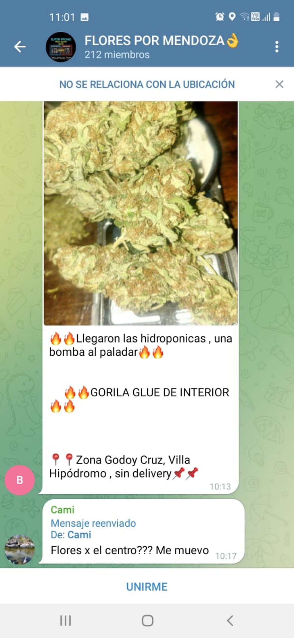 Captura de pantalla de un ofrecimiento de marihuama a través de Telegram.