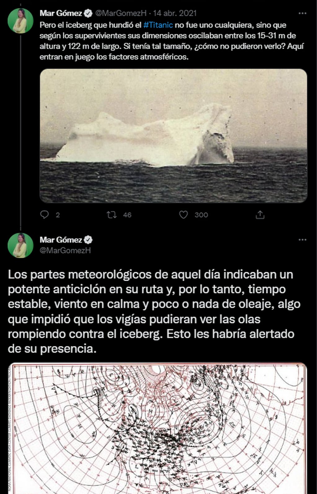 A 110 años del hundimiento Titanic, ¿por qué fue imposible avistar el iceberg antes?. Twitter @MarGomezH.