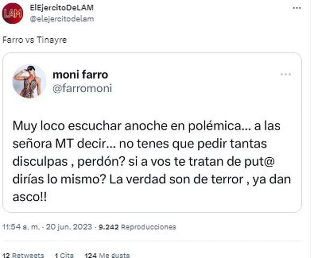 Mónica Farro criticó en redes sociales a Marcela Tinayre