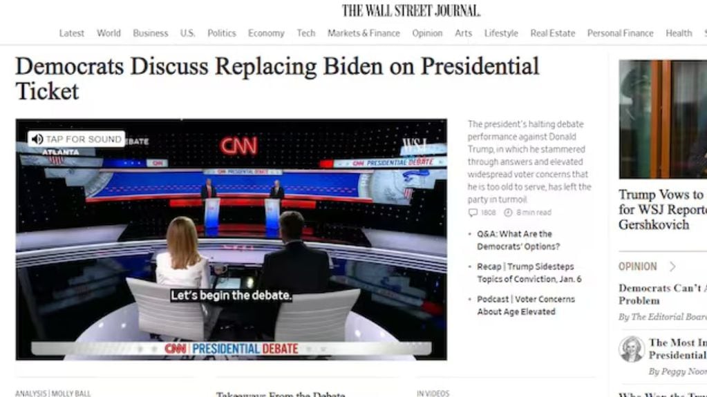 Portada de The Wall Street Journal. Los titulares de la prensa estadounidense tras el debate presidencial de cara a las elecciones / Gentileza La Nación