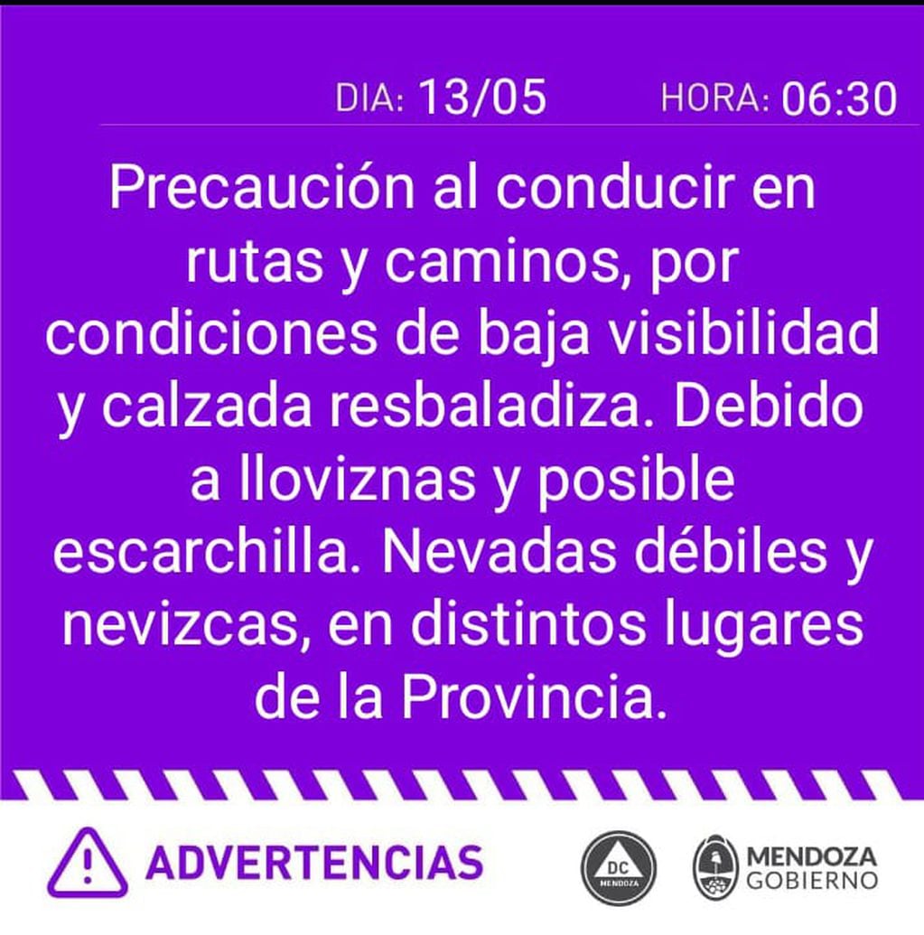 Alerta de Defensa Civil: nieve en Mendoza y calzada resbaladiza