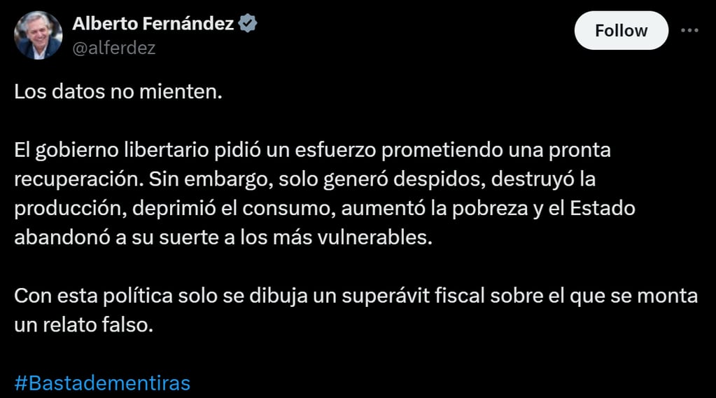 Alberto Fernández volvió a apuntar contra Milei y comparó la gestión económica de ambos. Captura: X / @alferdez