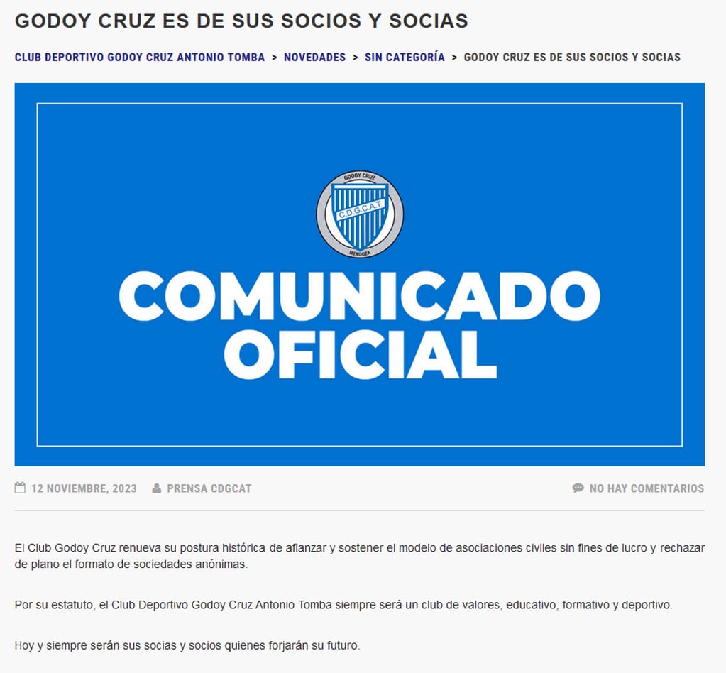El comunicado de Godoy Cruz contra las SAD.