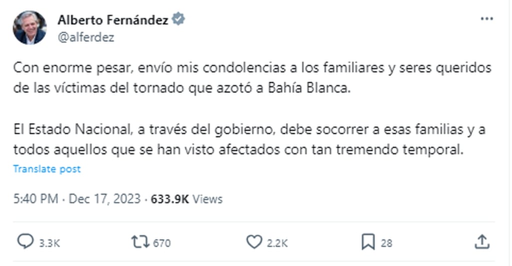 El tweet de Alberto Fernández tras la visita de Milei a Bahía Blanca. Gentileza: Captura X @alferdez.