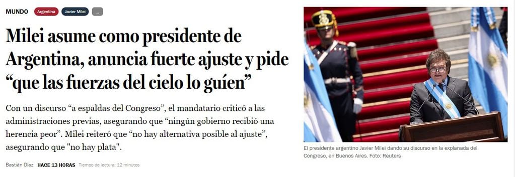 La asunción presidencial de Javier Milei en La Tercera (Chile)