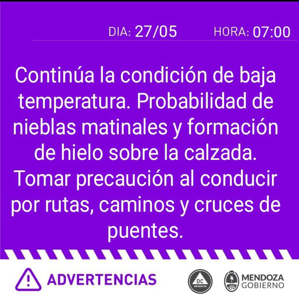 Alerta por nieblas matinales en Mendoza (Defensa Civil)