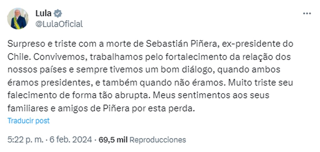 Líderes políticos y expresidentes enviaron sus condolencias por el fallecimiento de Sebastián Piñera - X