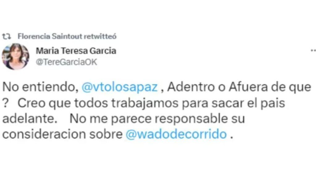 María Teresa García cuestionó a Victoria Tolosa Paz (Twitter).