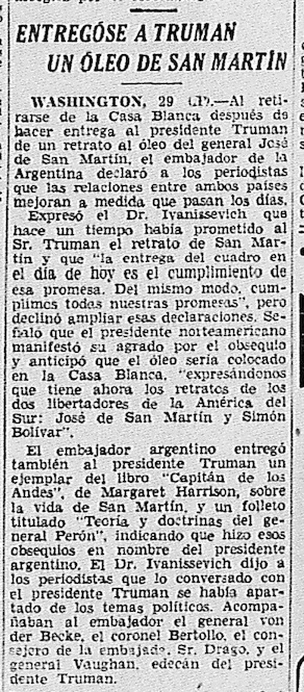 Truman tenía en el salón oval de la Casa Blanca un retrato de San Martín / Archivo
