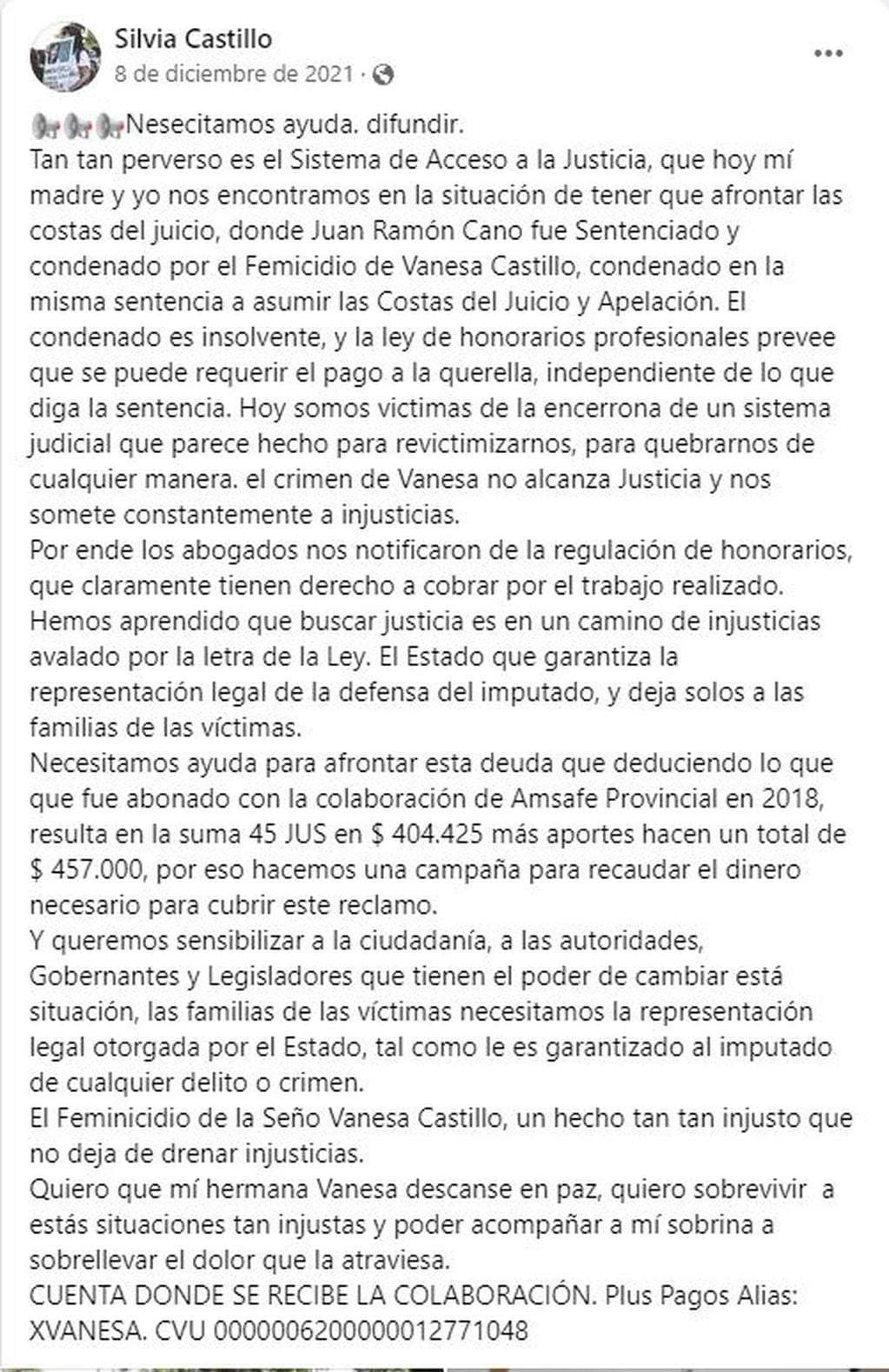 El posteo de Silvia Castillo, la hermana de Vanesa, donde pide colaboración a los ciudadanos para poder pagar el juicio.