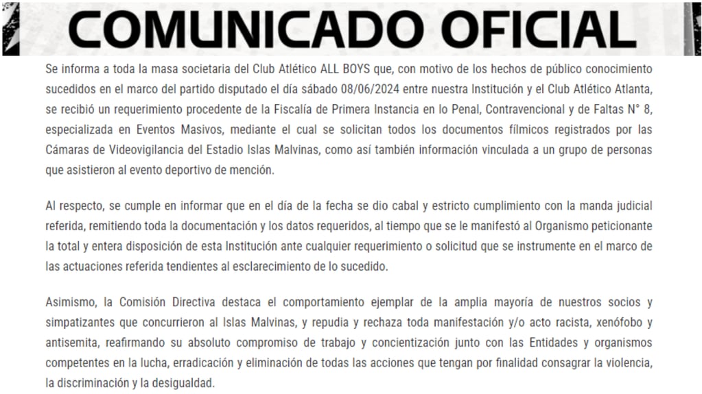 Comunicado Oficial Club Atlético All Boys.