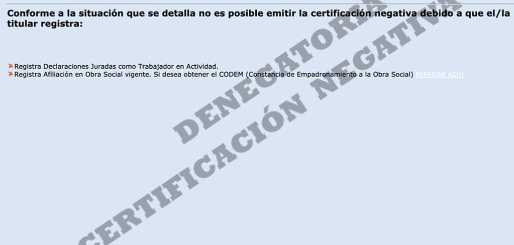 "Denegatoria de Certificación Negativa".