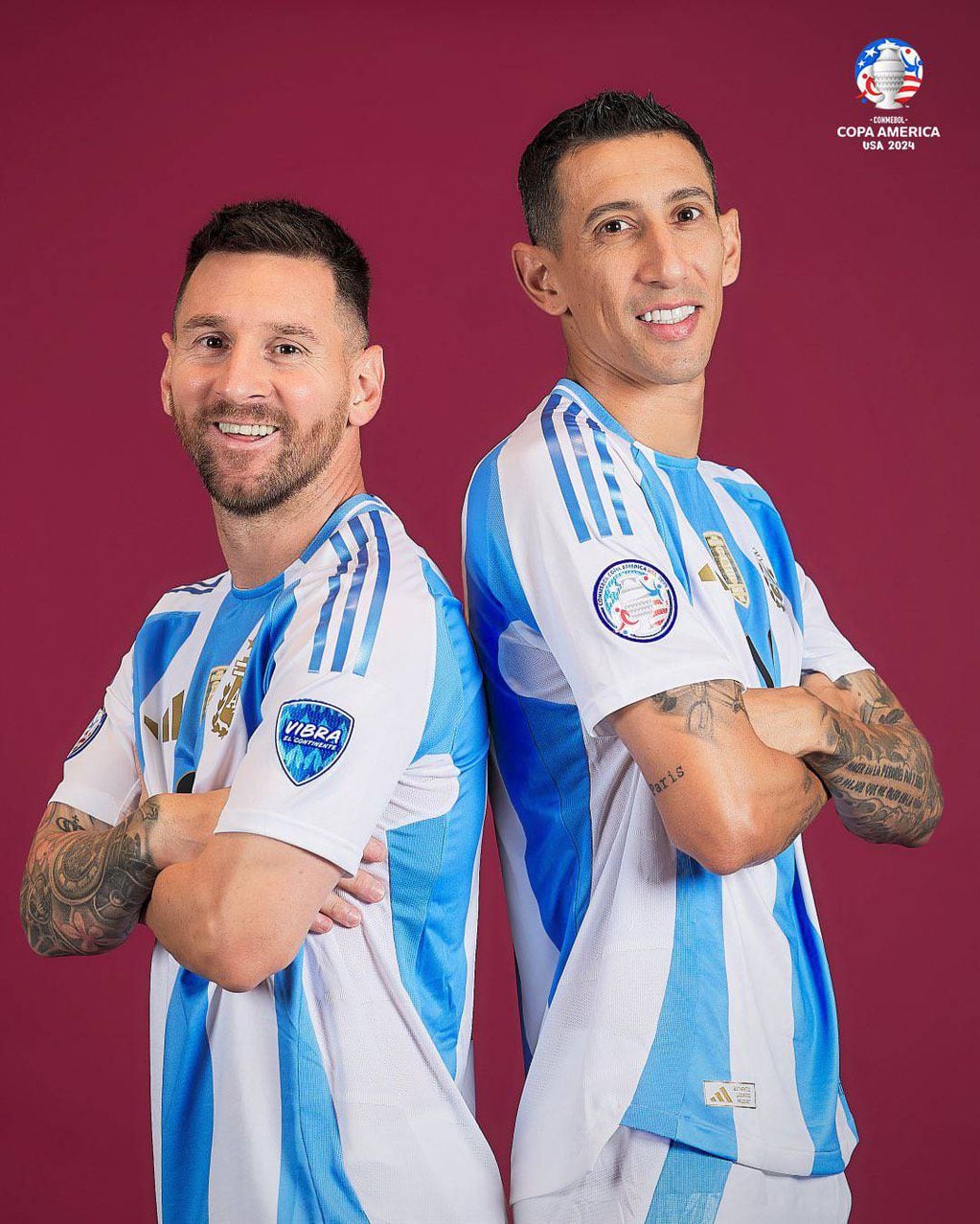 Lionel Messi y Ángel Di María posaron juntos en el media day de la Copa América de Estados Unidos 2024.