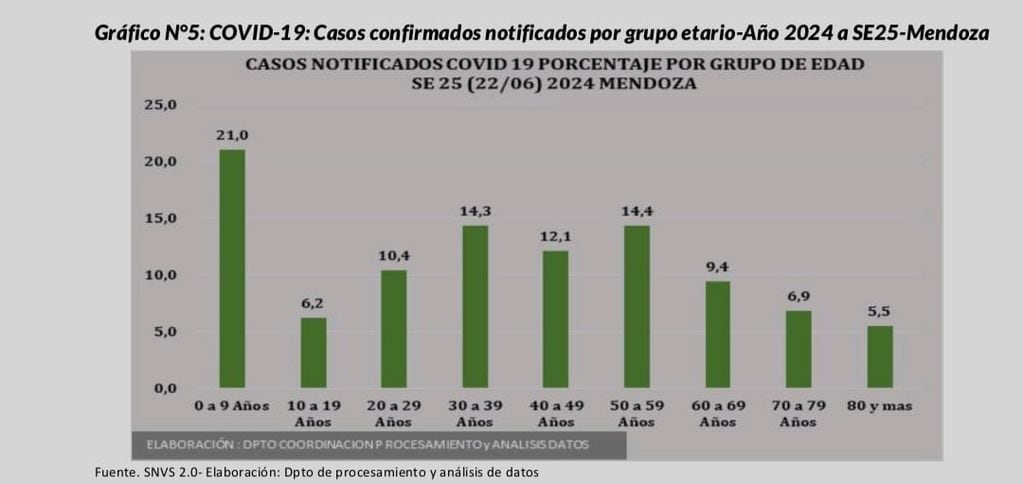 Casos de Covid por franja etaria en Mendoza en 2024 hasta el 22 de junio