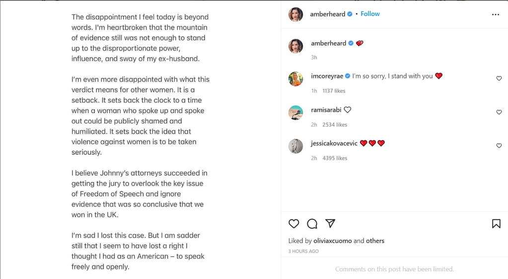 El comunicado de Amber Heard en Instagram