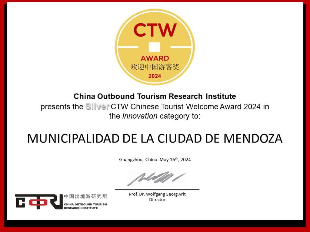La Ciudad de Mendoza reconocida por su innovación en el turismo chino.