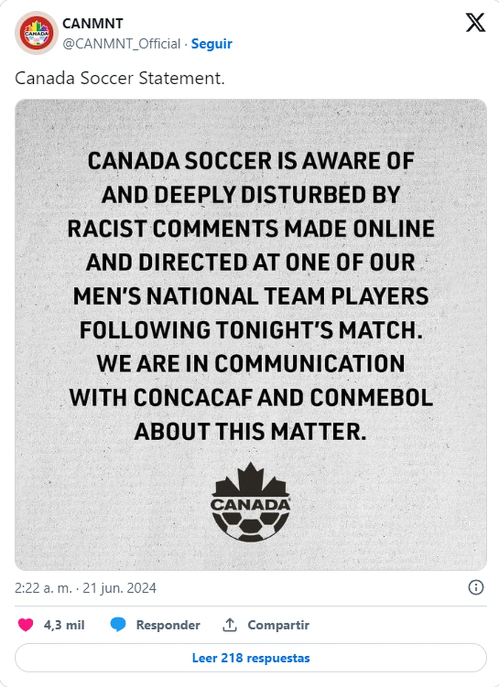 El comunicado de la selección canadiense