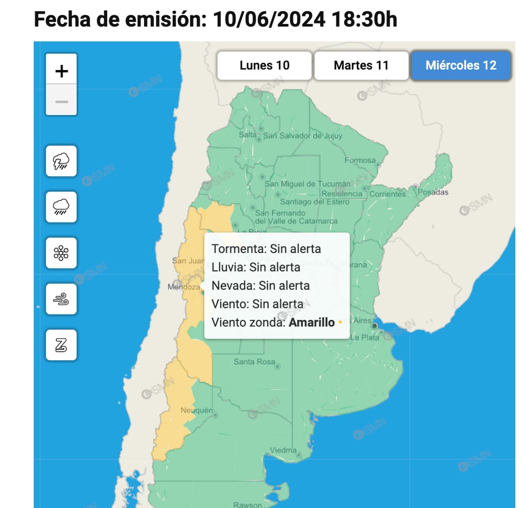 Rige una alerta amarilla por Zonda para Mendoza el miércoles 12 de junio. Fuente: Servicio Meteorológico Nacional