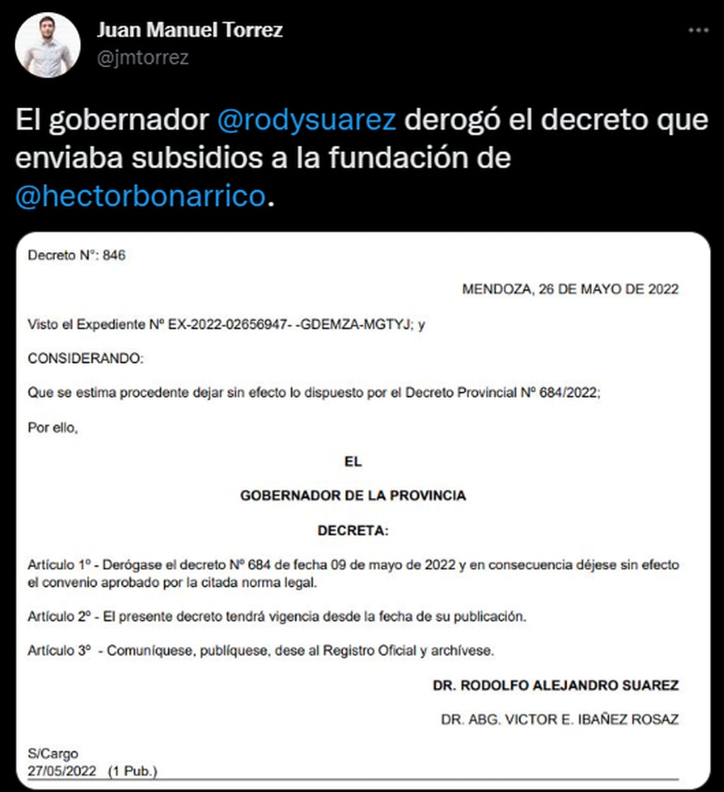 Ya es oficial: Suárez derogó el subsidio millonario que el Gobierno le había otorgado al pastor Bonarrico. Foto: Twitter