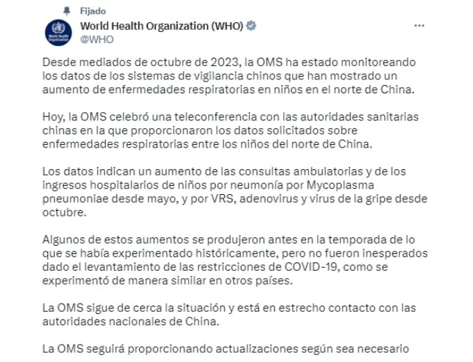 Comunicado reciente de la OMS ante la crisis sanitaria en China que afecta a niños. Foto: Captura de X, antes twitter.