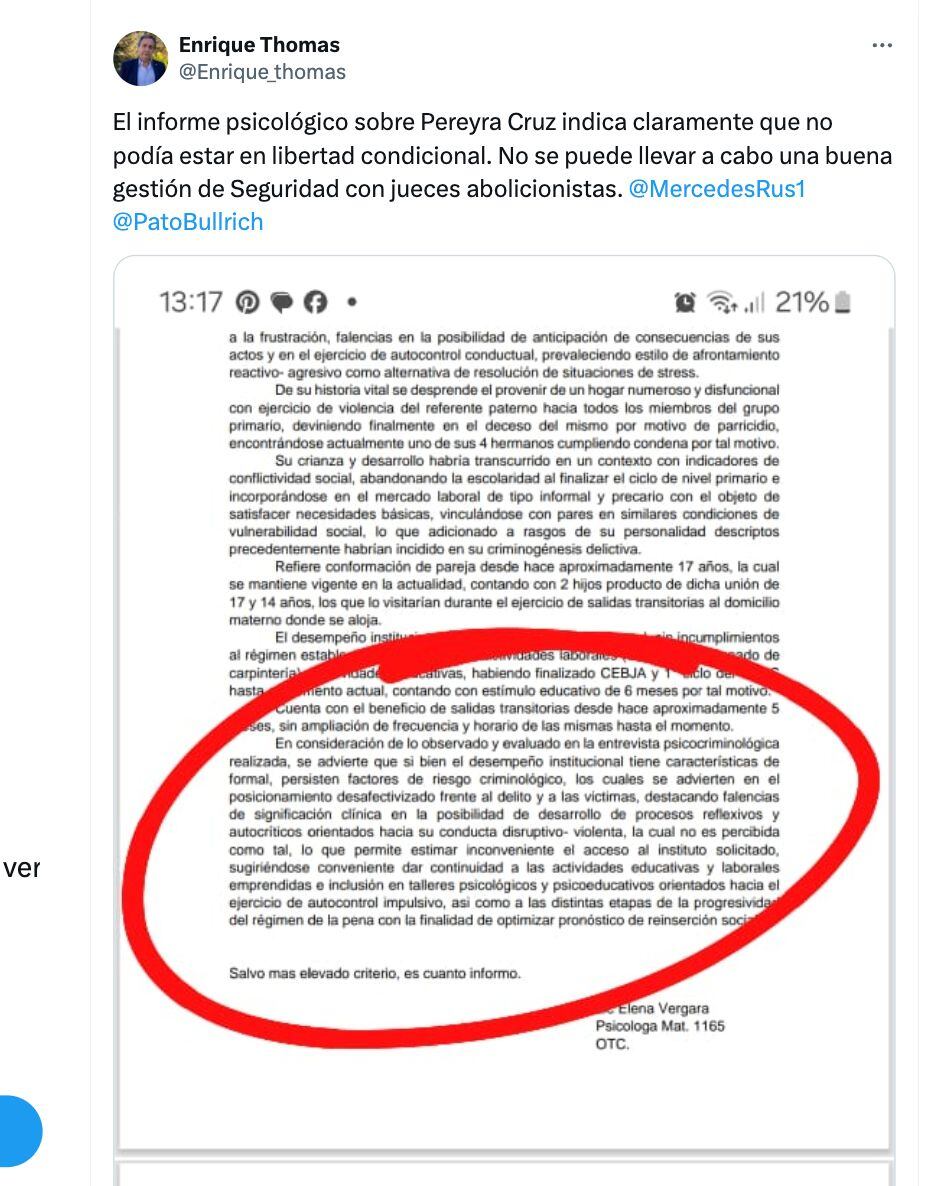 Enrique Thomas subió la pericia psicologica que indicaba la inconveniencia de darle la libertad a Roberto Pereyra.