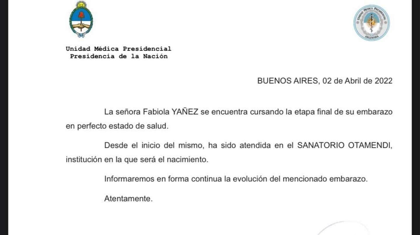 El comunicado que confirma que el hijo de Fabiola Yáñez y Alberto Fernández nacerá en el Sanatorio Otamendi.