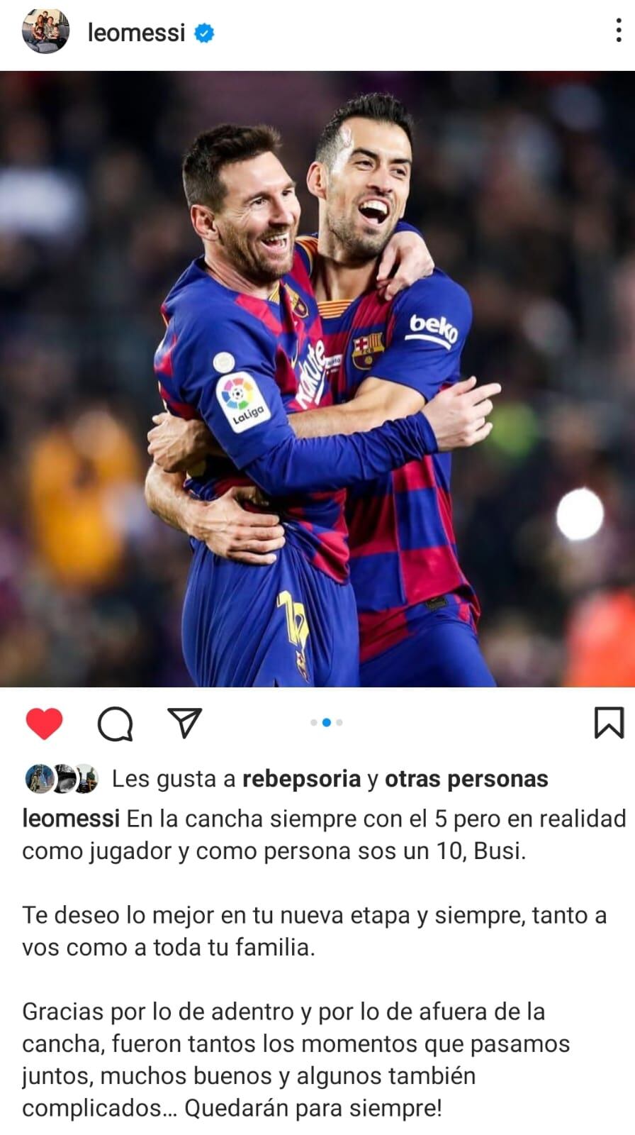 El sentido mensaje de Messi a Busquets en Instagram. / IG