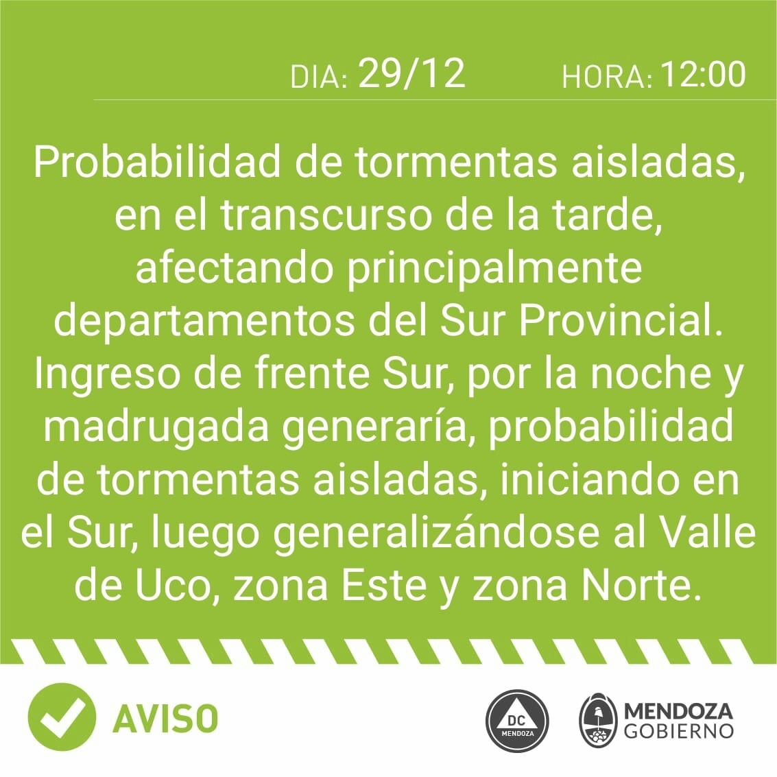 Defensa Civil emitió un comunicado por tormentas en el Sur Provincial.