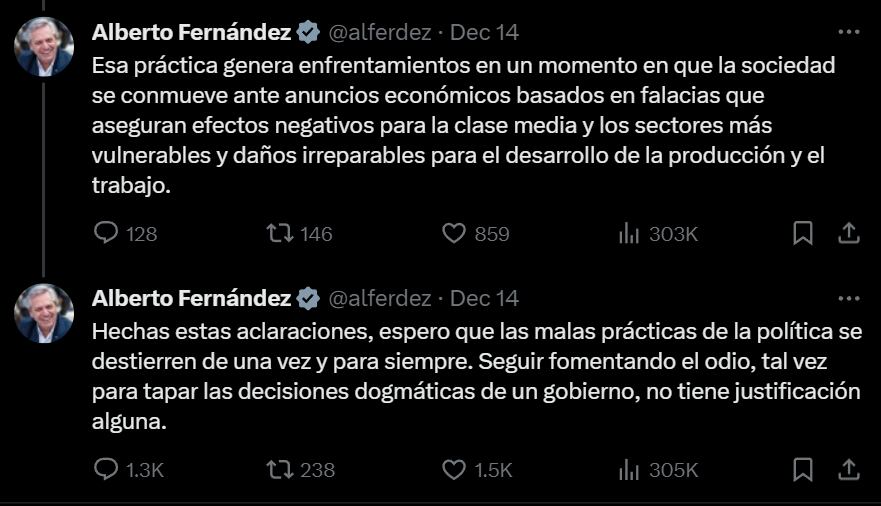 Alberto Fernández cuestionó el posteo de Bullrich que luego borró. Foto Captura: X / @alferdez