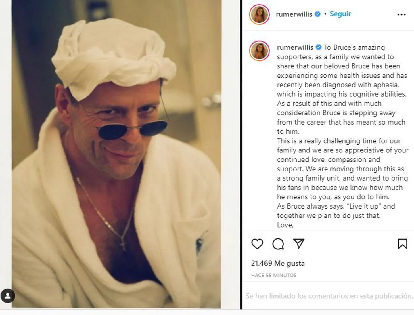 La hija de Bruce Willis anunció en un posteo el retiro del actor. Foto: Instagram/@rumerwillis