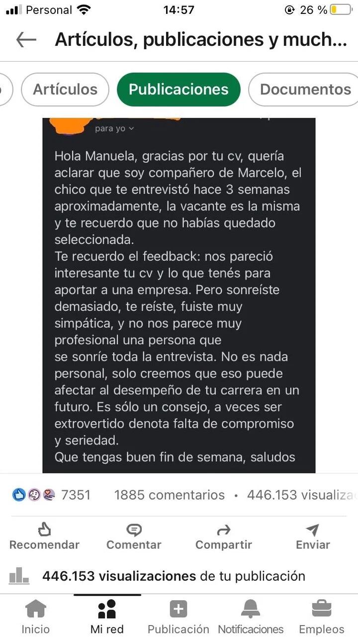 La respuesta que le envió la empresa y que Marina compartió en Linkedin.