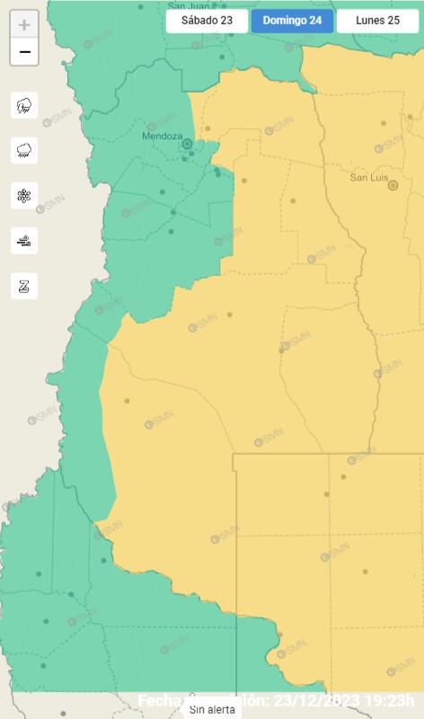 Mapa de alerta amarilla del Servicio Meteorológico Nacional para este domingo 24 de diciembre. Foto: SMN