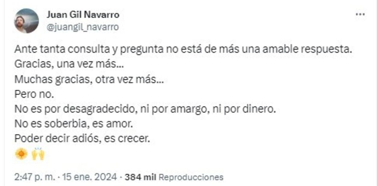 Qué dijo Juan Gil Navarro sobre la vuelta de Flor Bertotti