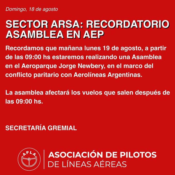 Comunicado de asamblea por parte de APLA. Imagen: X / @aplapilotos