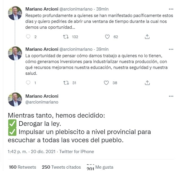 El gobernador de Chubut, Mariano Arcioni, anunció la derogación de la ley minera y un llamado a plebiscito (Twitter) 