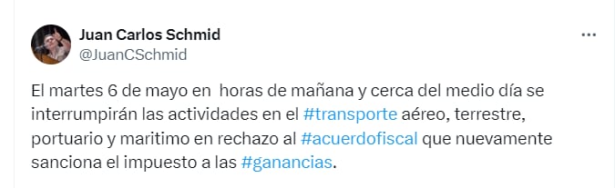 La medida de fuerza fue confirmada por el secretario general de la CATT, Juan Carlos Schmid - X