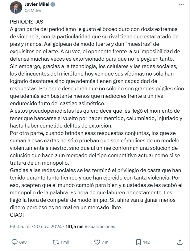 El mensaje del presidente Javier Milei contra el periodismo (X)