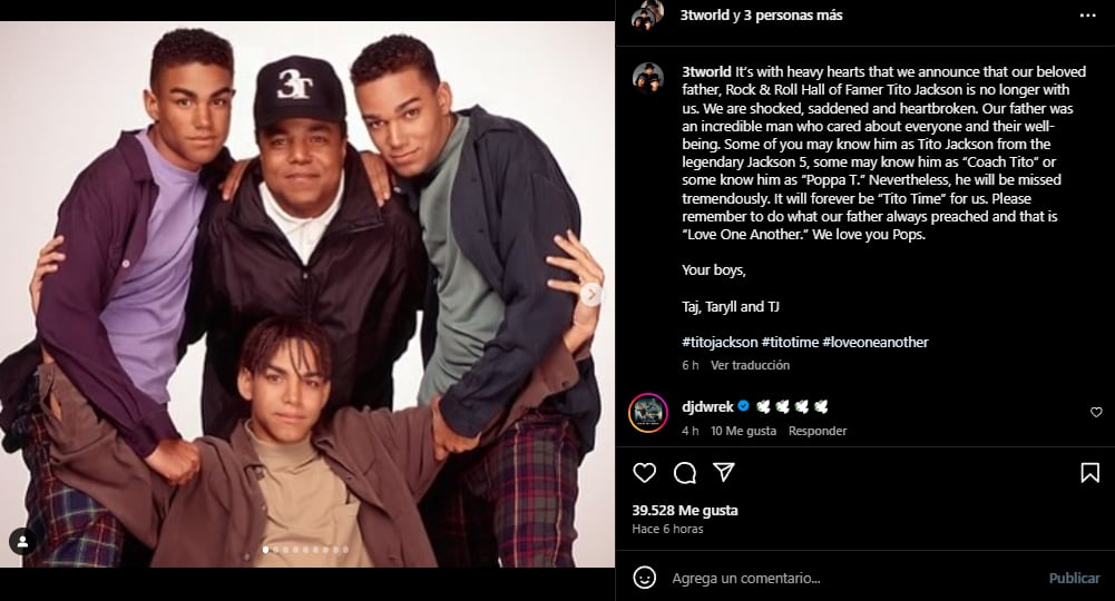 La foto y la dedicatoria de los hijos de Tito Jackson en Instagram. Foto: captura.