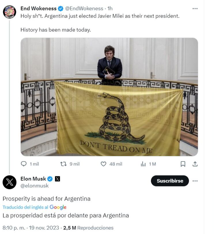 El multimillonario envió un mensaje tras la consagración de Javier Milei como presidente.