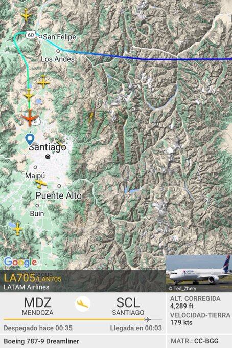 El reciente avión de LATAM, desviado a Mendoza, ya partió de la provincia. Foto: Twitter/@AdvLhga