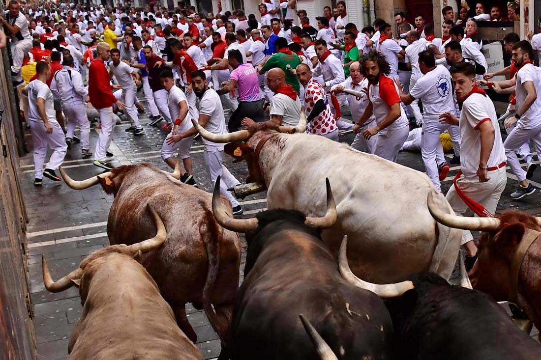 La gente corre por las calles con toros de lidia y novillos durante el primer día de corridas de toros en las Fiestas de San Fermín en Pamplona (AP)