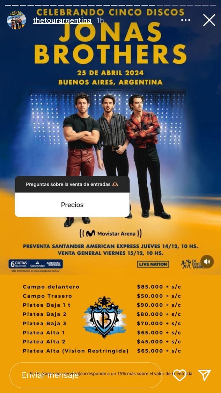 Cuáles son los precios de las entradas para los Jonas Brothers. / Gentileza