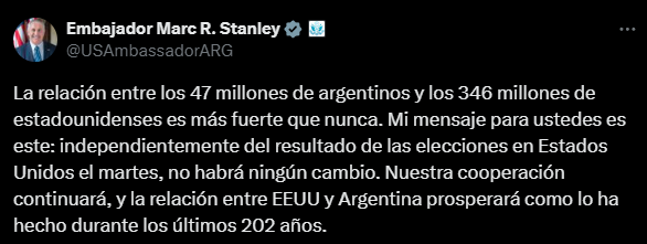 El mensaje del embajador de Estados Unidos en Argentina. Foto: captura.