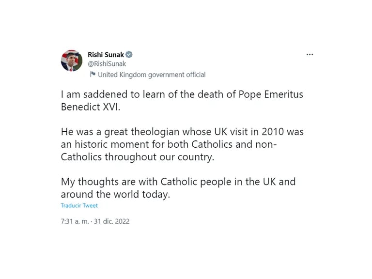 Mensaje original de Rishi Sunak a Benedicto XVI.