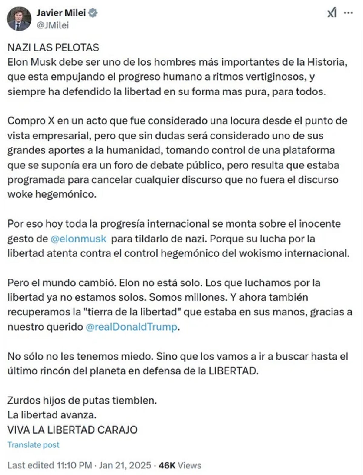 El presidente argentino respaldó al CEO de “X”, señalado por realizar un gesto interpretado como saludo nazi en la asunción de Donald Trump. (Foto: captura twitter)