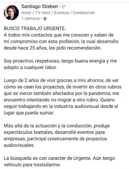 Fue Roña en Chiquititas y llegó a pedir trabajo en Linkedin