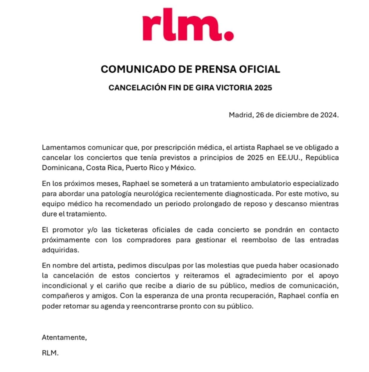 El comunicado de @rlm_es vía Instagram. RLM es una empresa de Management y Booking de Artistas.