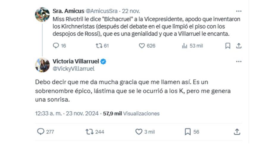 una usuaria de la red social X hizo referencia al juego de palabras que Lemoine hizo con el apellido de Villarruel