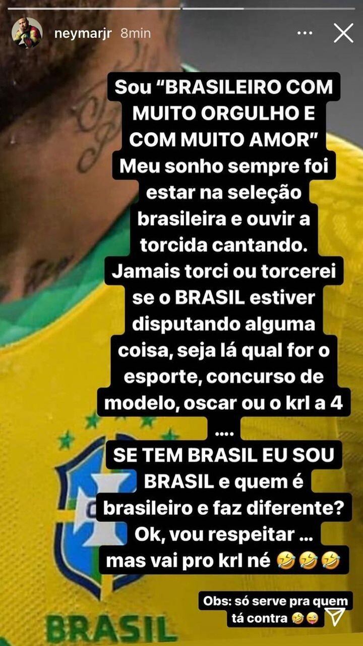 Neymar criticó a los hinchas brasileños que alientan para que la Copa América sea de Argentina.